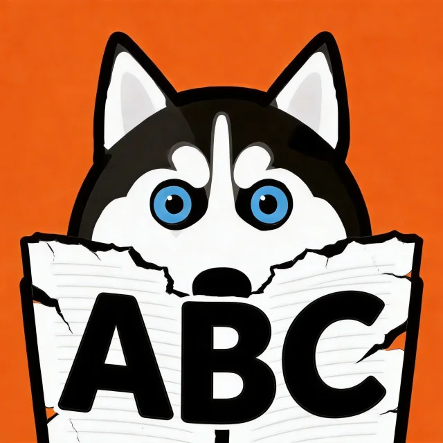 戴着蓝色眼睛的二哈举着 ABC 字牌